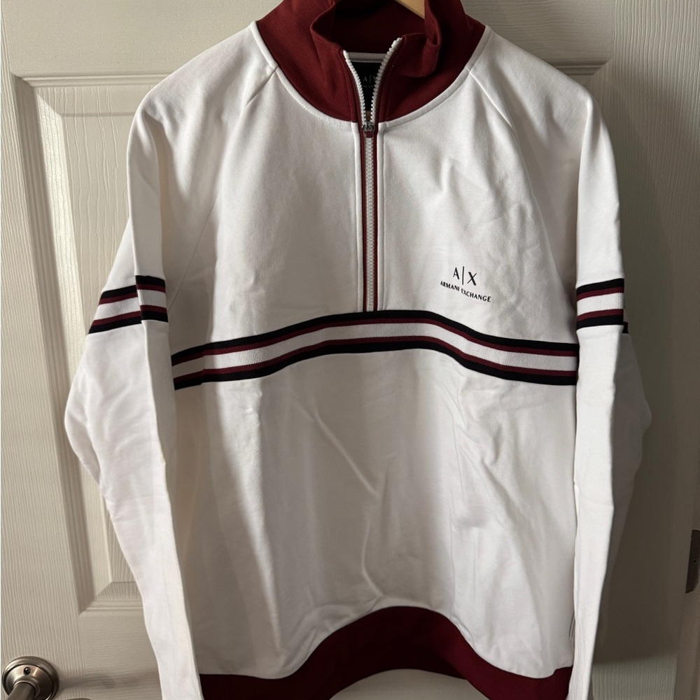 Armani Exchange Men's Zip-Up Sweater in White and Burgundy